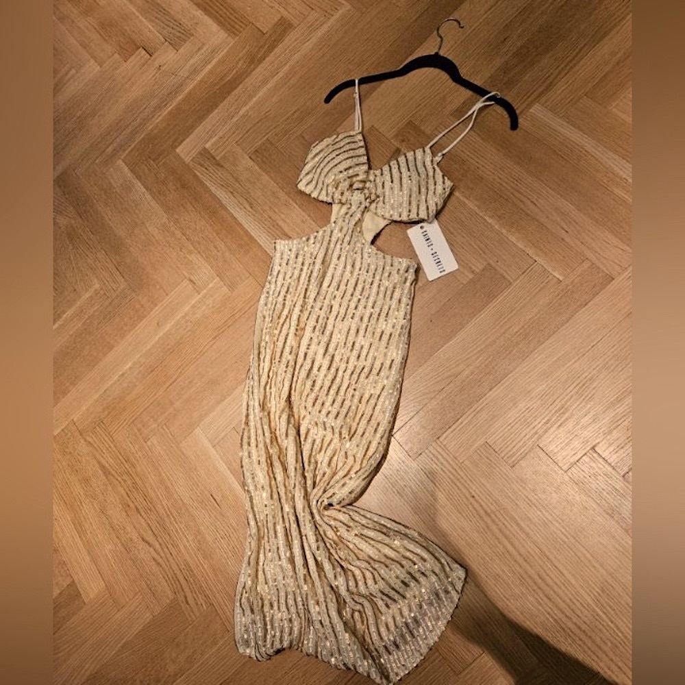 Gold stripe cut out midi dress